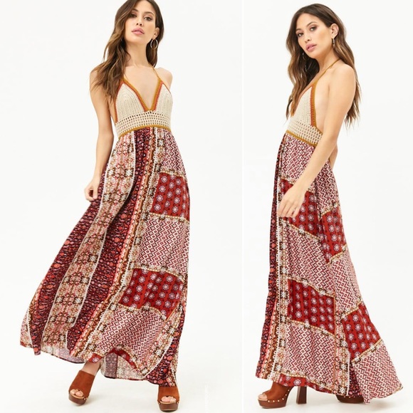 Boho Patchwork Crochet Halter Top Tie Maxi Dress - Picture 11 of 11